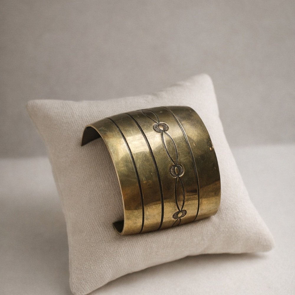 Vintage Wide Brass Cuff Bracelet with Etched Design